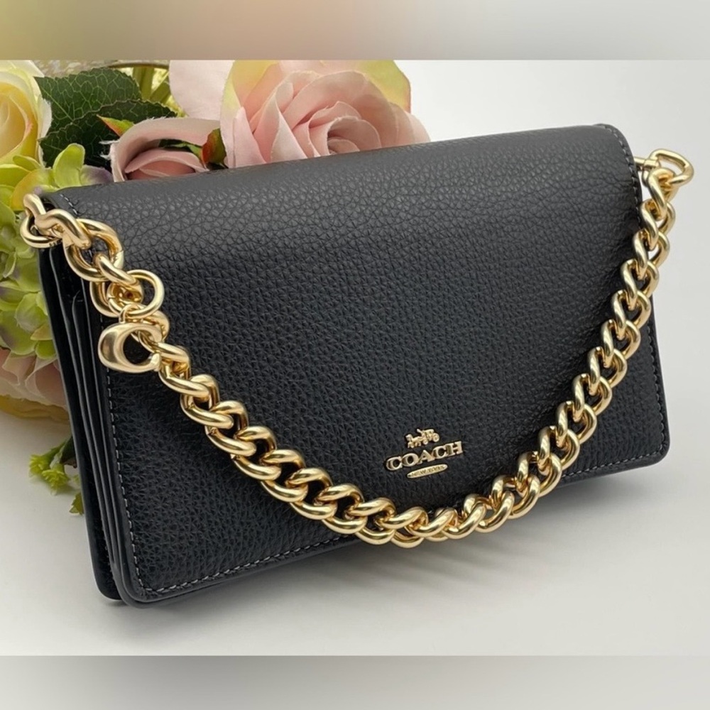 Coach Foldover Pebbled Leather Clutch Chain Crossbody - NWT